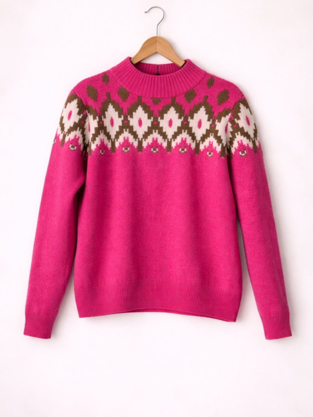 CeCe Pink Fair Isle Sweater Large Mock Neck Cozy Knit Pullover barbiecore